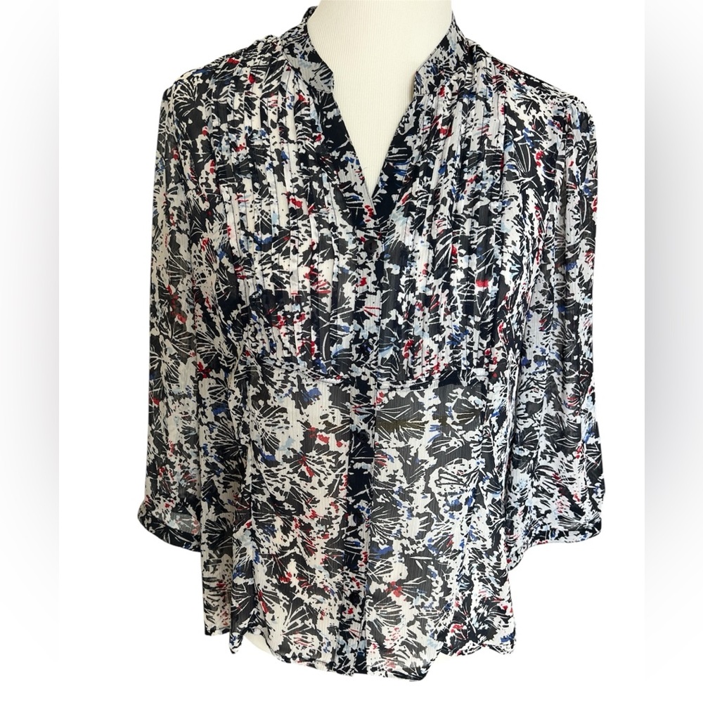 Christopher & Banks Sheer Blouse V-Neck Button Front 3/4 Sleeve Navy White Red M